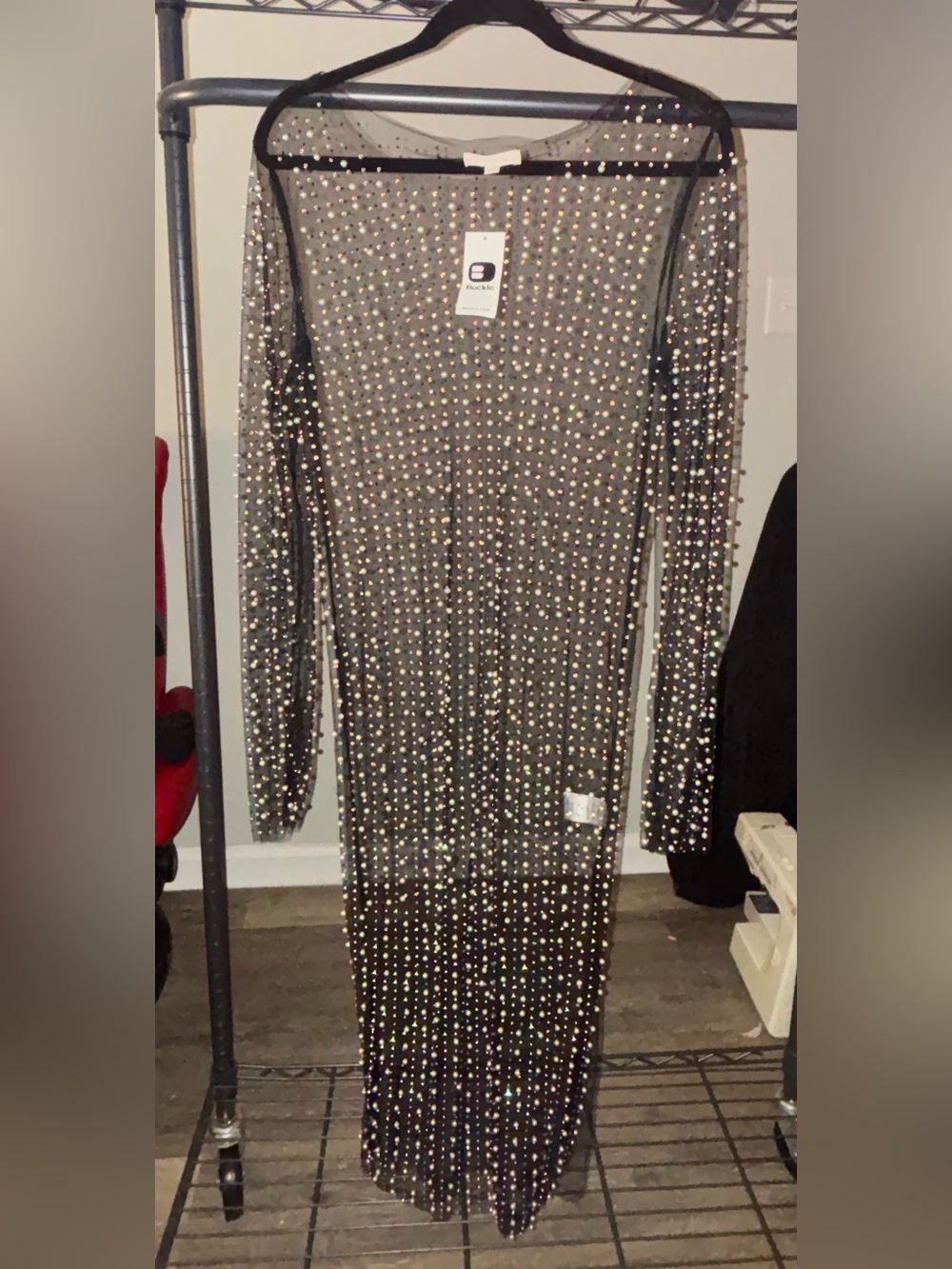 Endless Blu Black Sheer Beaded Mesh Maxi Dress Long Sleeve Crew Neck Size M